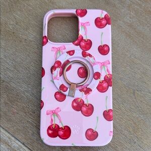 Velvet Cavier Cherry Pattern Pink Phone Case with Ring Holder 13 pro max